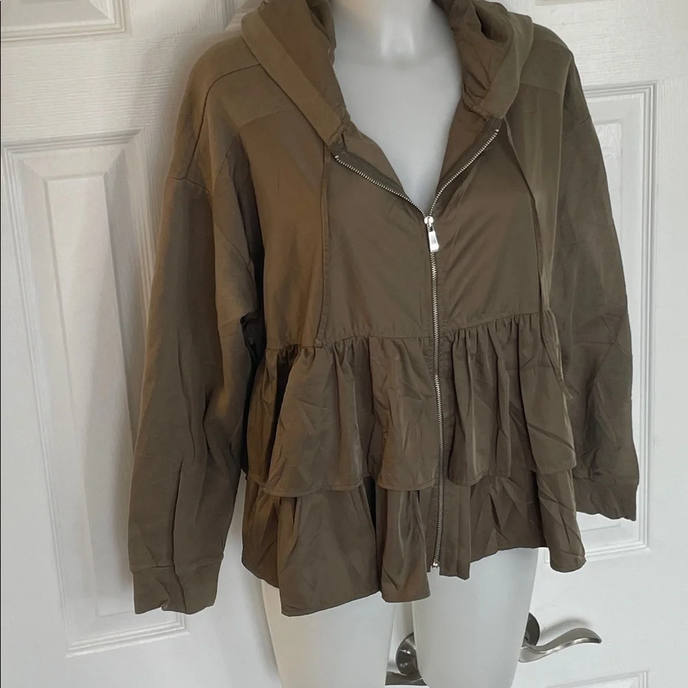 ZARA MIXED MEDIA FRONT ZIPPED OVERSIZED KHAKI HOODED JACKET WITH RUFFLES SZ M